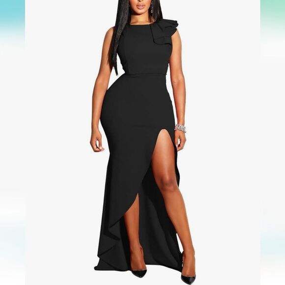 Mizoci Size XL Black Sexy Ruffles Sleeveless Side Split Formal Evening Prom Gown - Picture 1 of 11